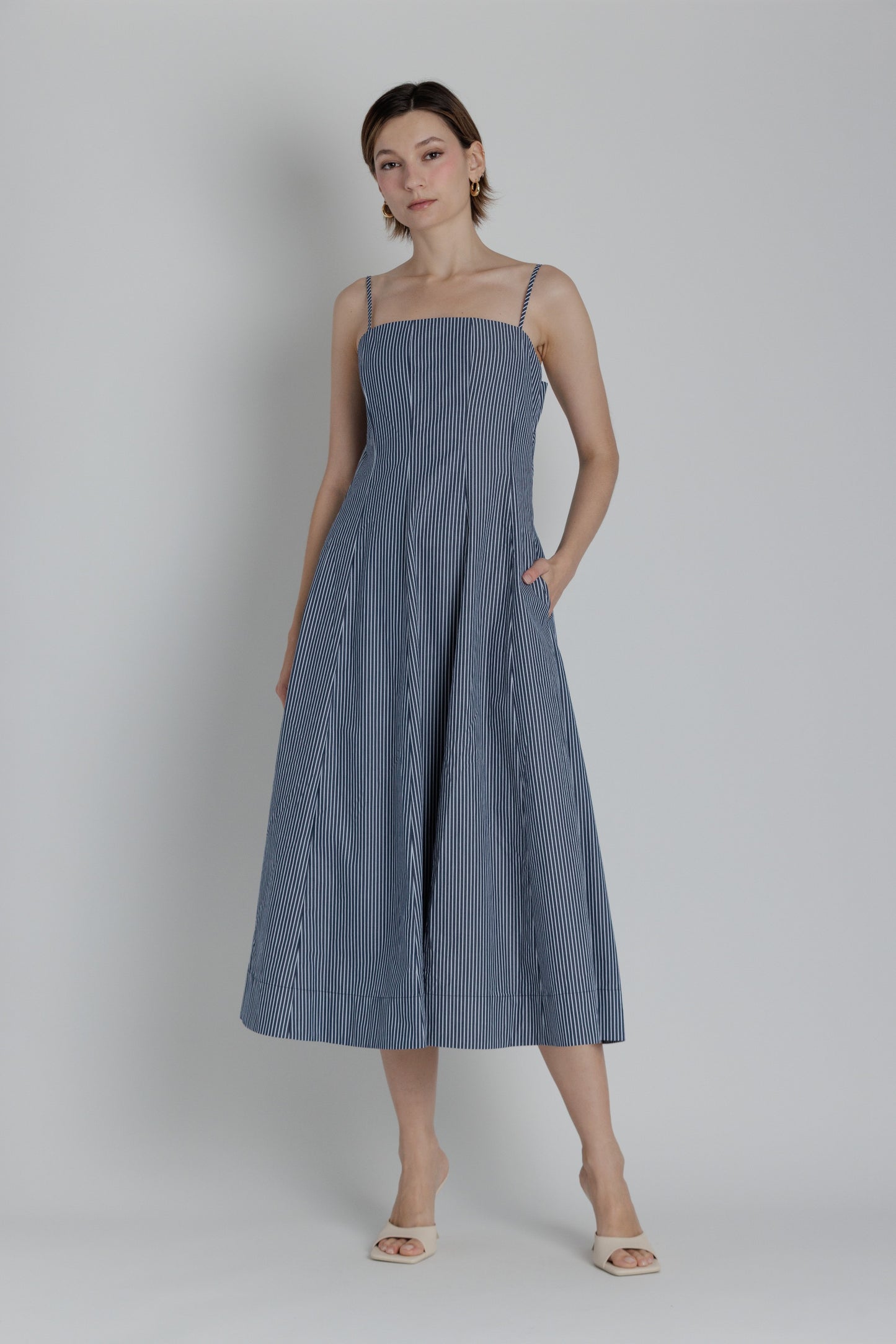 Striped Panel Midi Dress - Navy