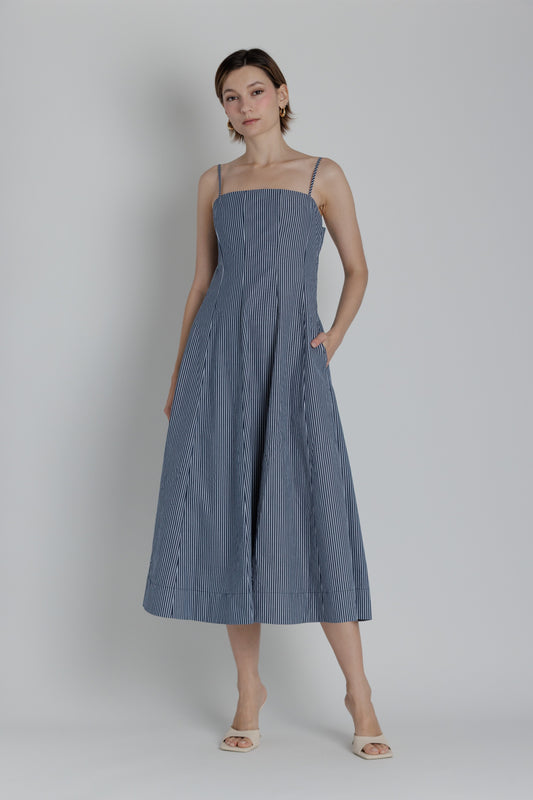 Striped Panel Midi Dress - Navy