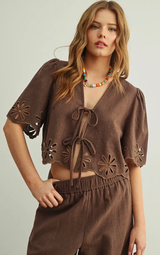 Embroidered Tie Front Top - Chocolate Brown