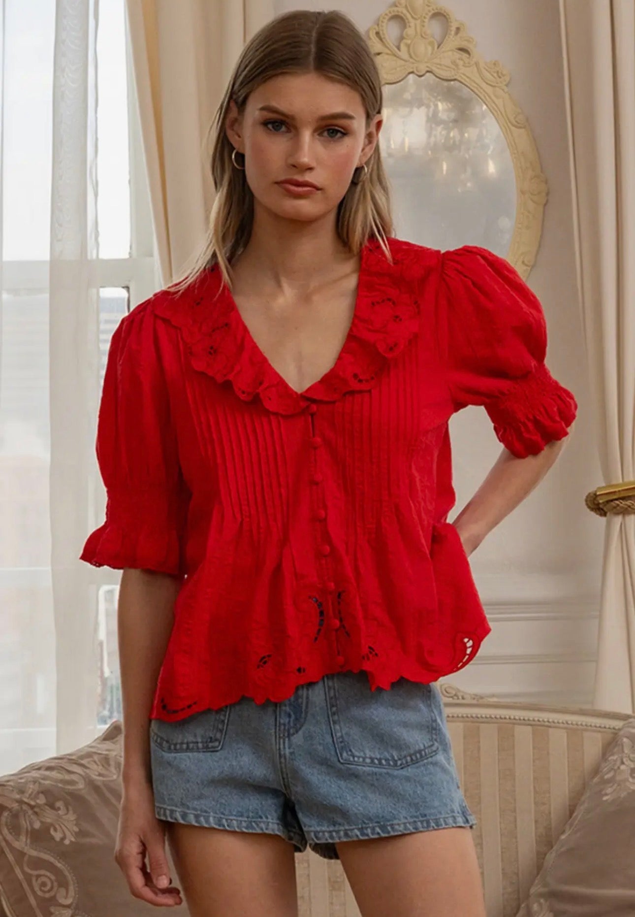Ruffle Trim Lace Detail Blouse - Red
