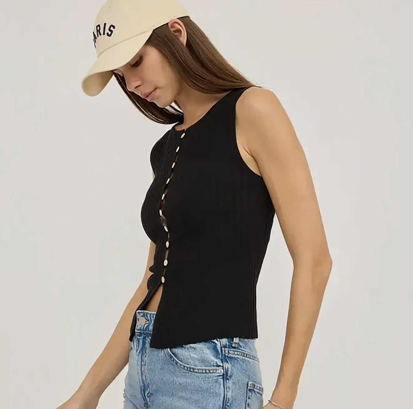 Slim Knit Sleeveless Button Top - Black