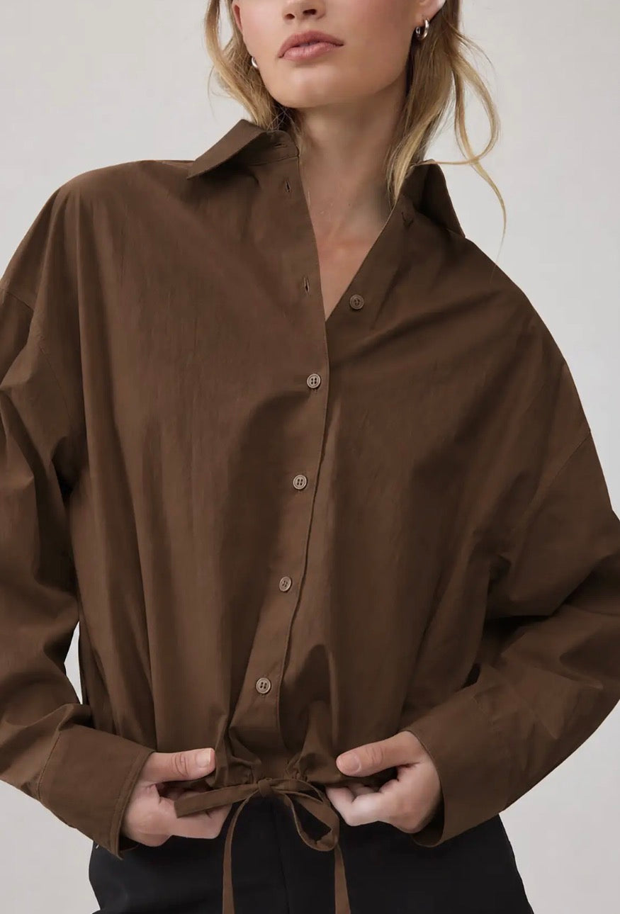 Button Up Drawstring Top - Brown