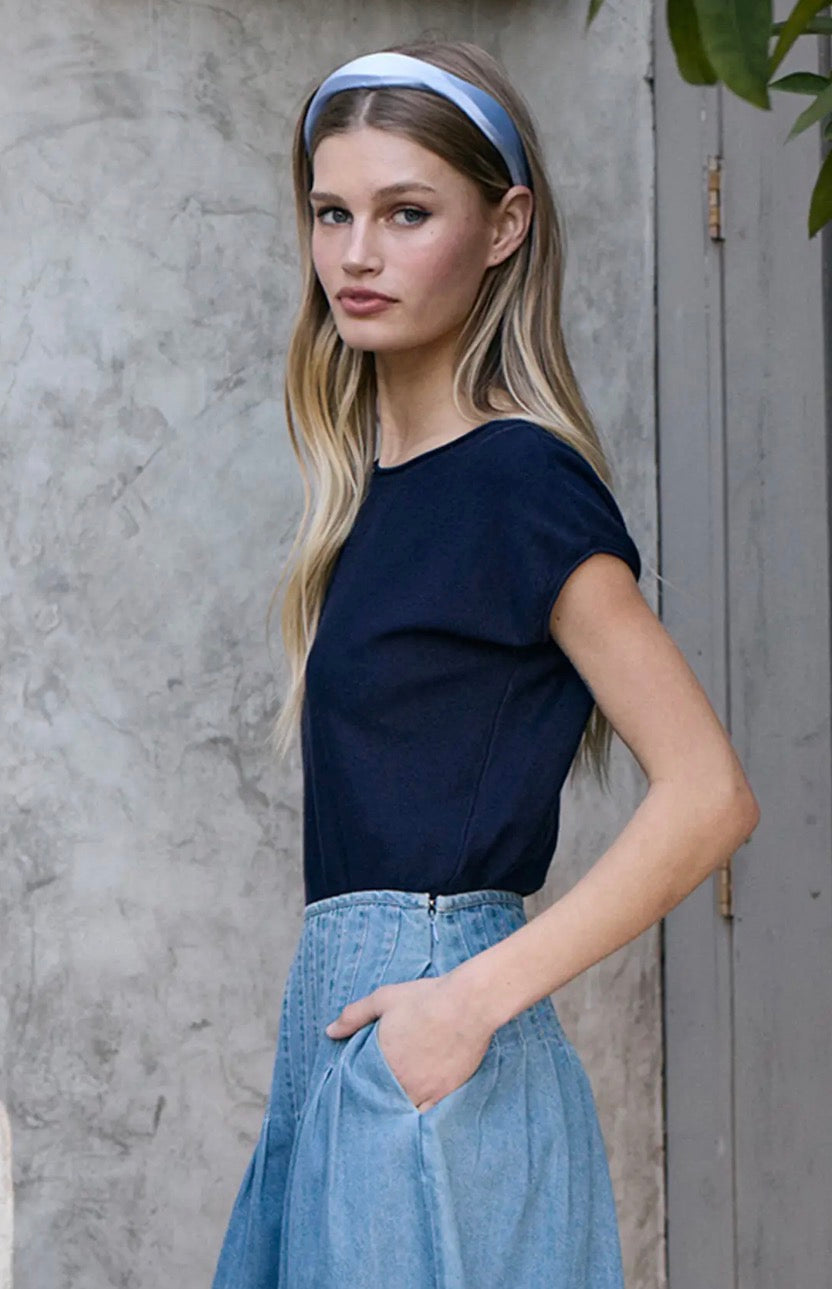 Cap Sleeve Ribbed Waist Knit Top - Navy