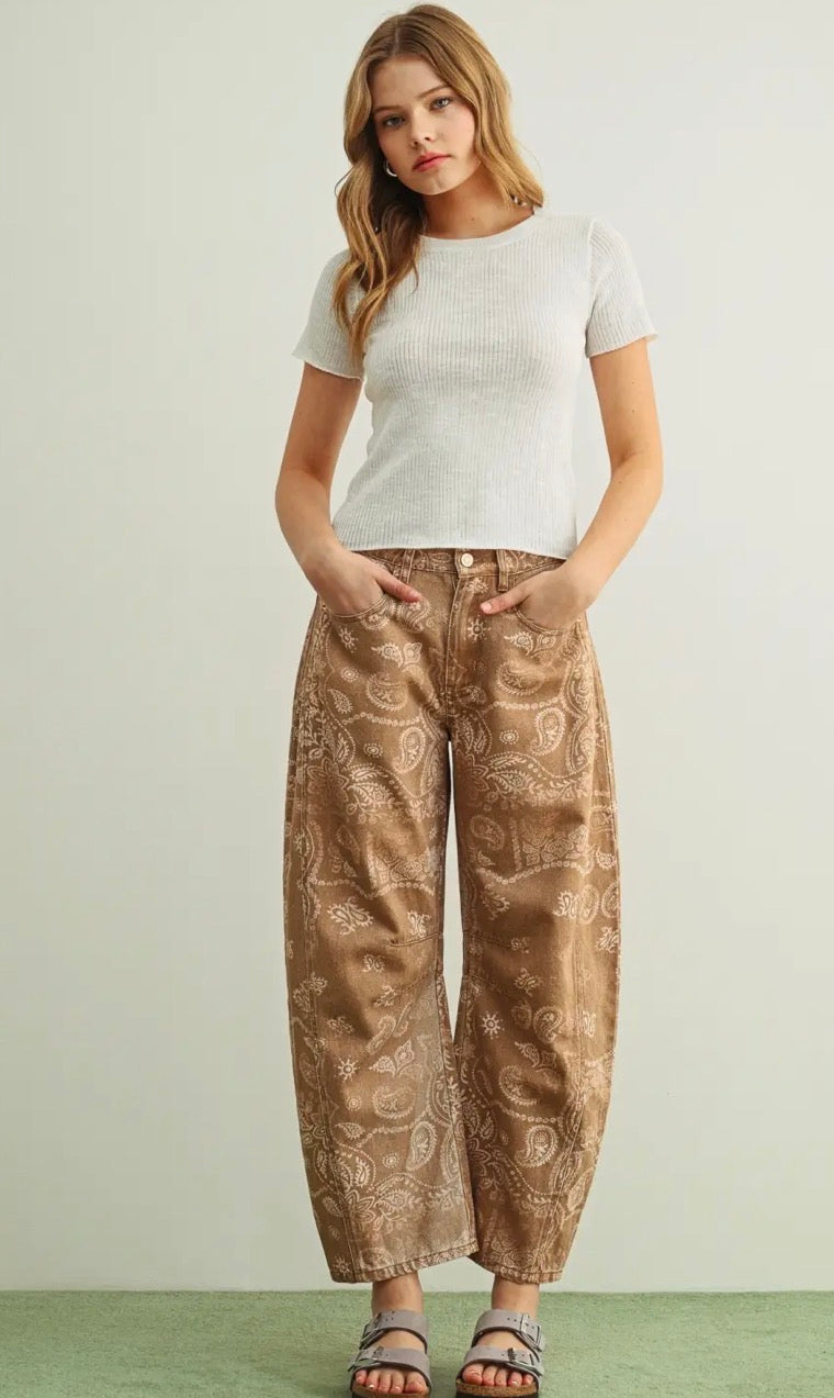 Paisley Print Washed Pants - Brown