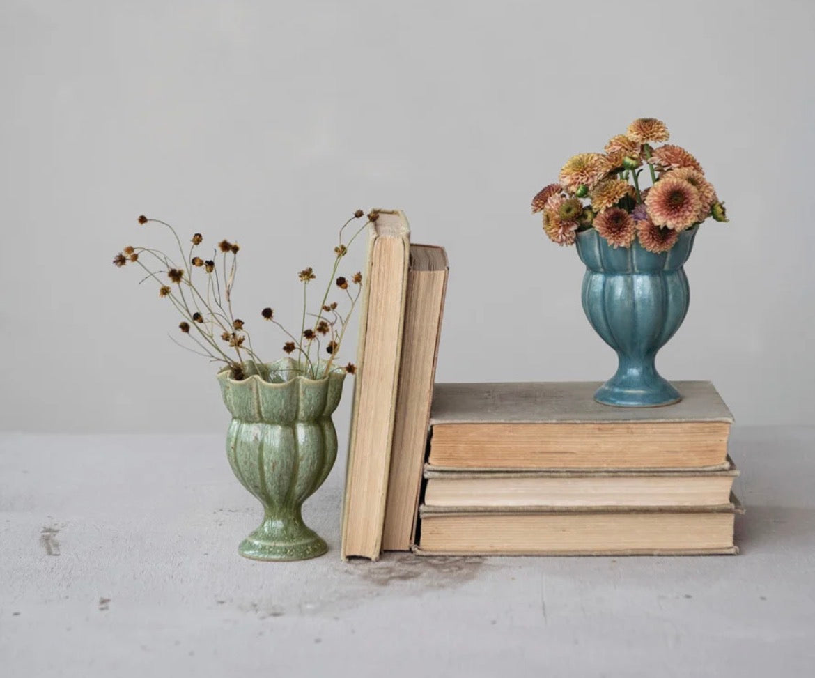 Stoneware Scalloped Footed Vase Reactive Glaze