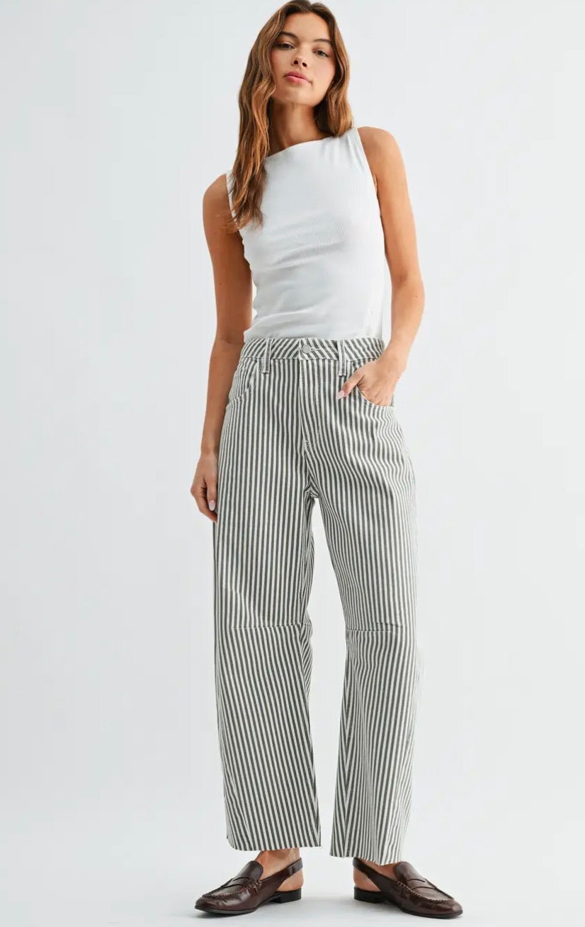 Barrel Jeans with Seams - Olive Stripe