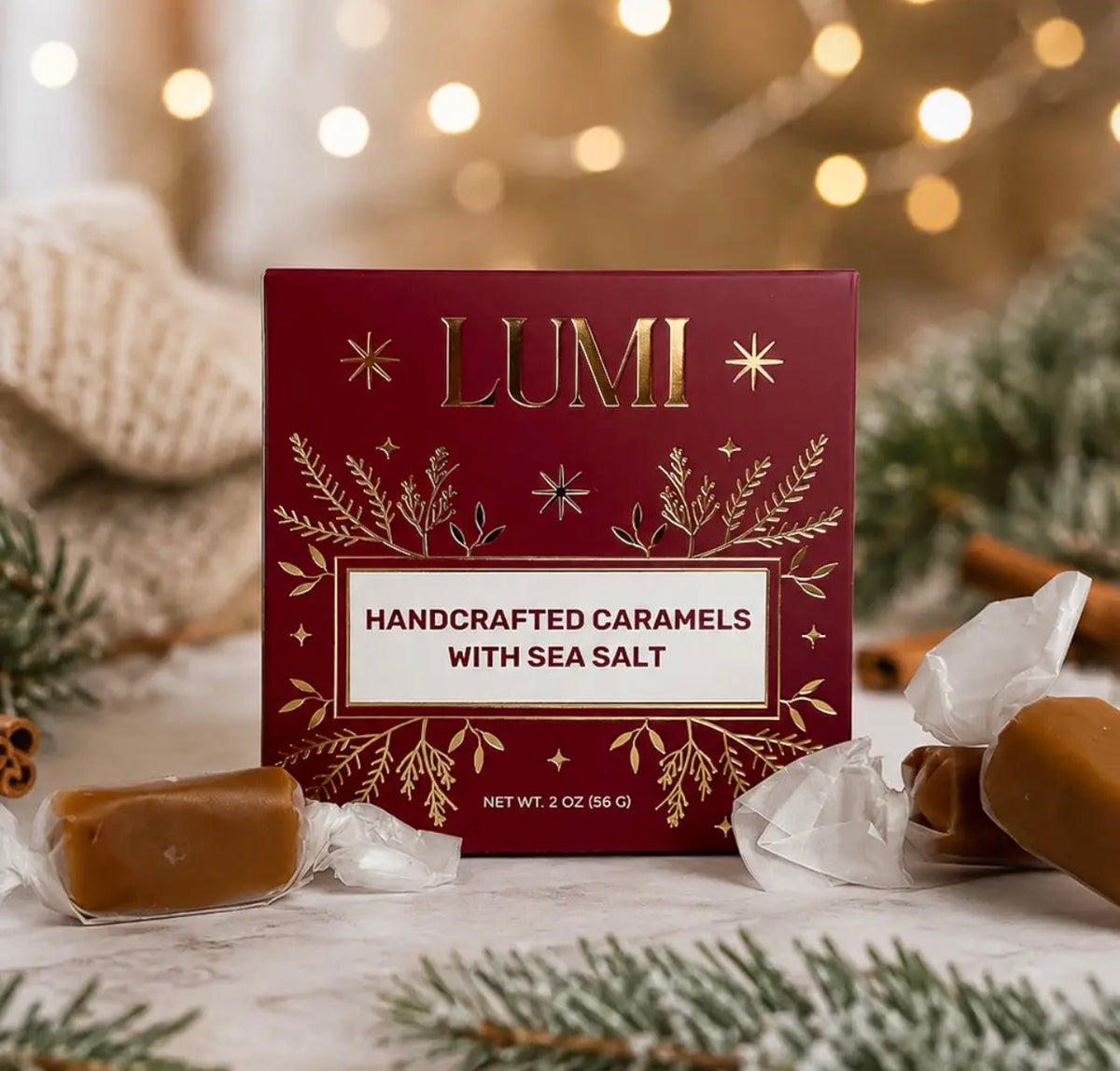 Holiday Handcrafted Caramels with Sea Salt – Red Box, 2 oz