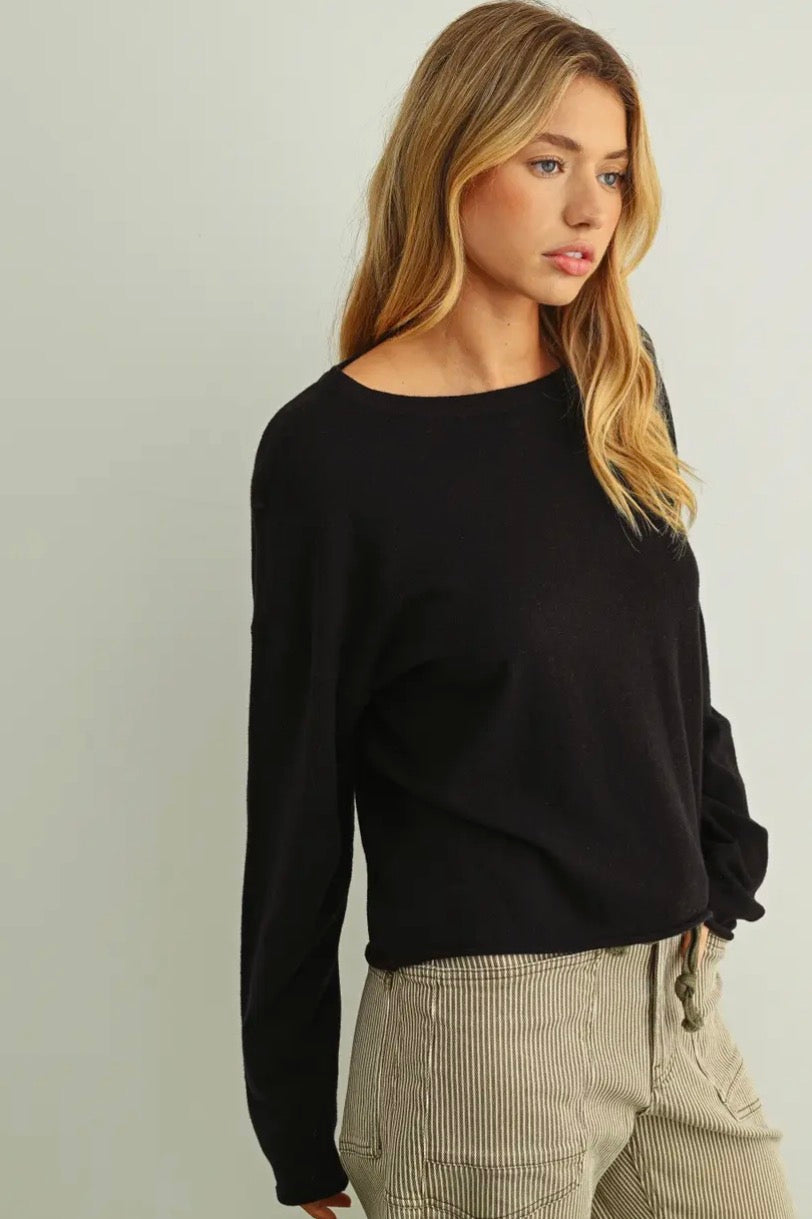 Essential Long Sleeve Roll Hem Top - Black