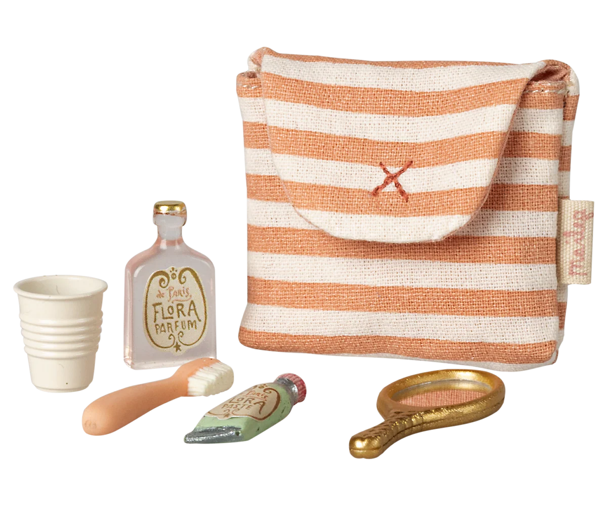 Maileg - Toothbrush Set In Bag, Mouse - Coral Stripe
