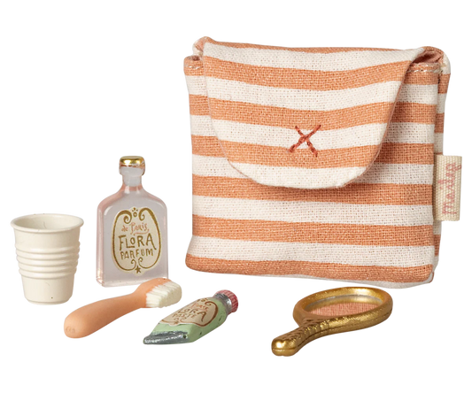 Maileg - Toothbrush Set In Bag, Mouse - Coral Stripe