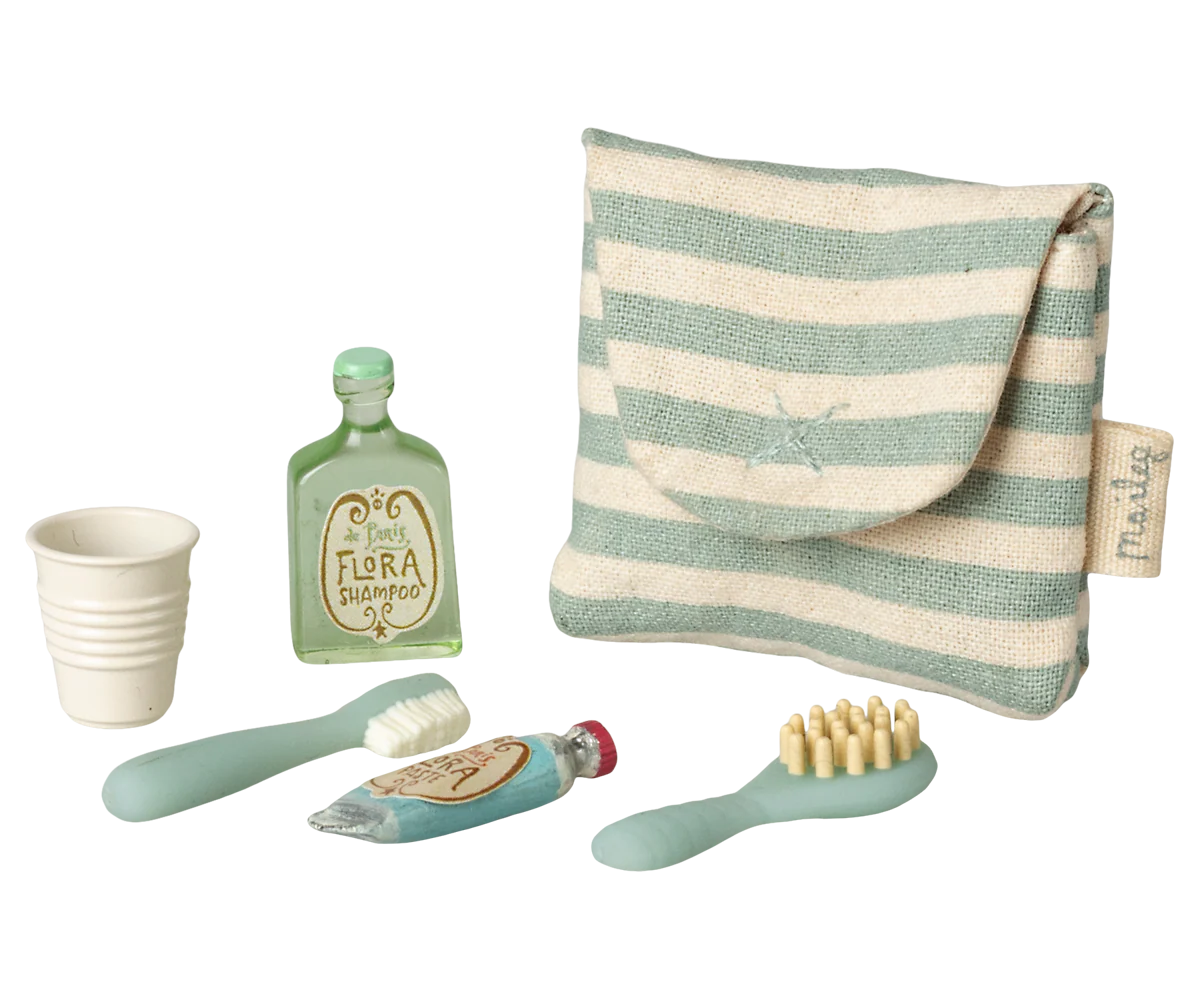 Maileg - Toothbrush Set In Bag, Mouse - Blue Stripe