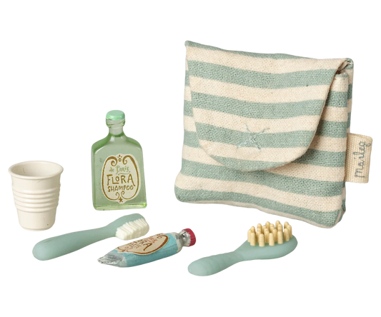 Maileg - Toothbrush Set In Bag, Mouse - Blue Stripe