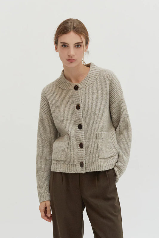 Dionne Crew Neck Sweater Cardigan - Taupe