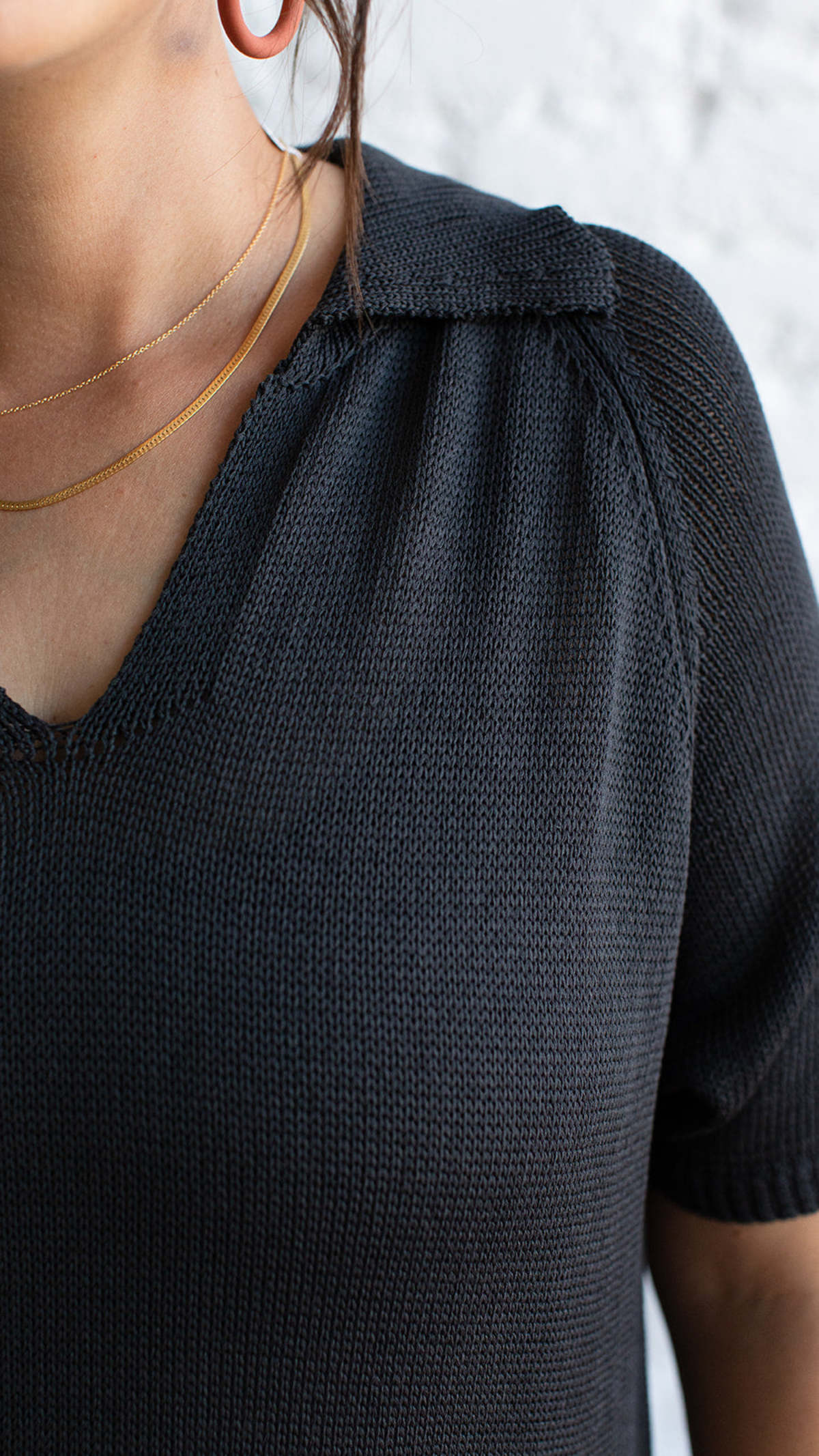 Grade + Gather - Short Sleeve Knit Collar Dress - Coal
