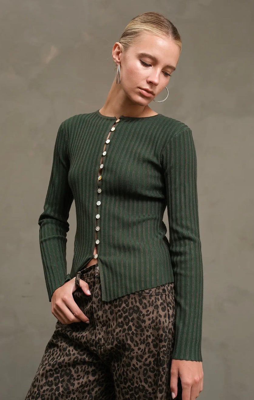 Slim Fit Knit Button Top - Moss Green