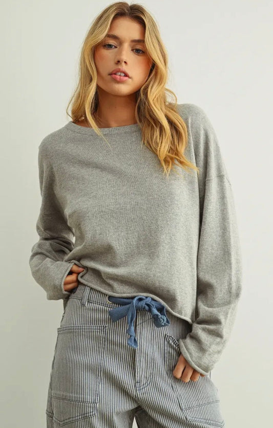 Essential Long Sleeve Roll Hem Top - Grey
