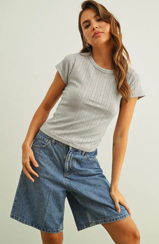 Pointelle Short Sleeve Top - Heather Grey