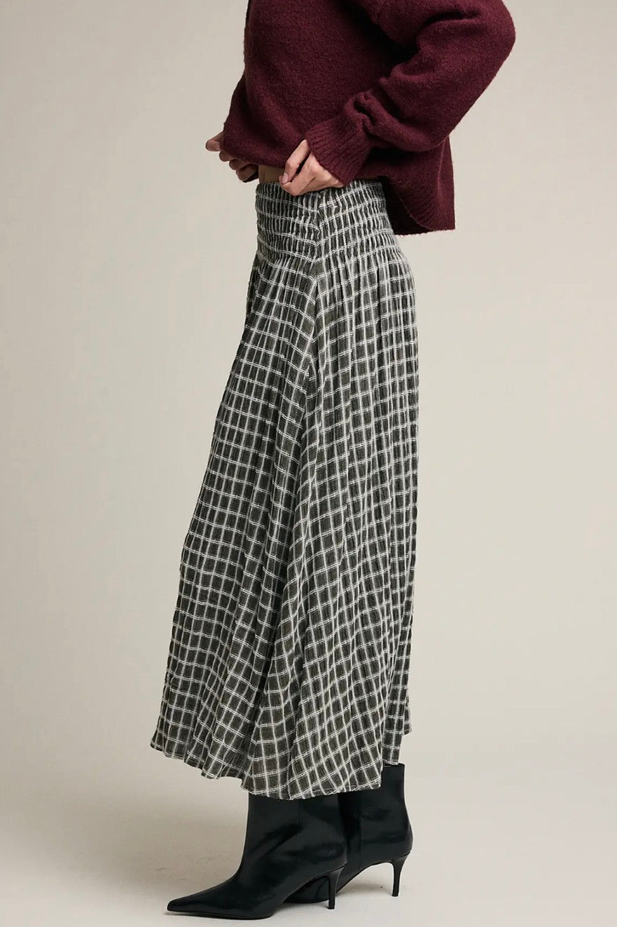 Plaid Smocked Waist Midi Skirt - Deep Khaki