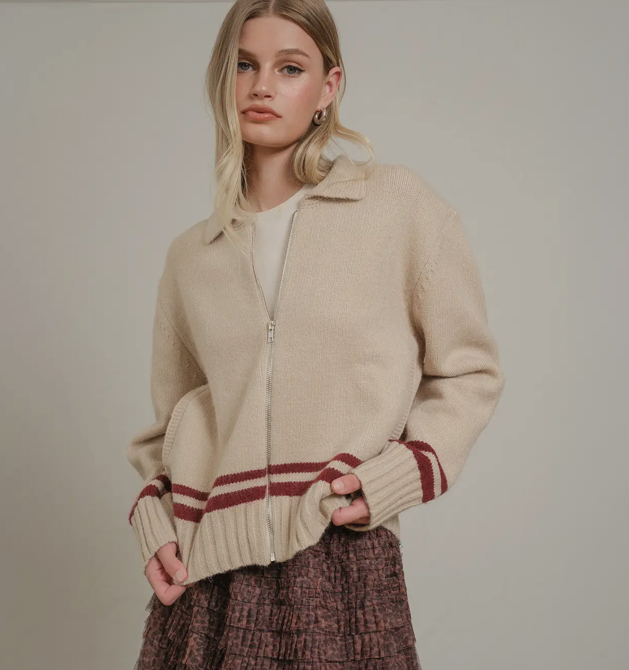 Varsity Zip-Up - Oatmeal & Wine Stripe