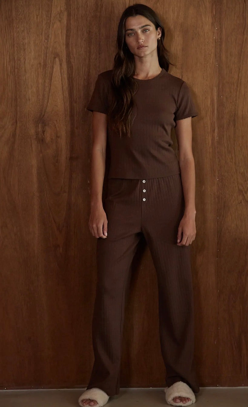 Knit Cotton Pointelle Short Sleeve Shirt - Brown