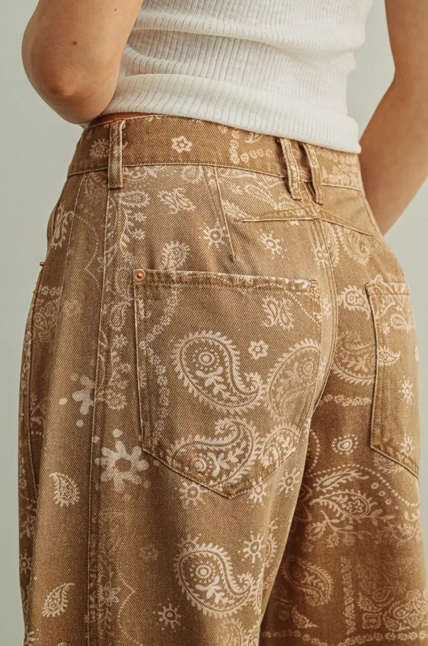 Paisley Print Washed Pants - Brown