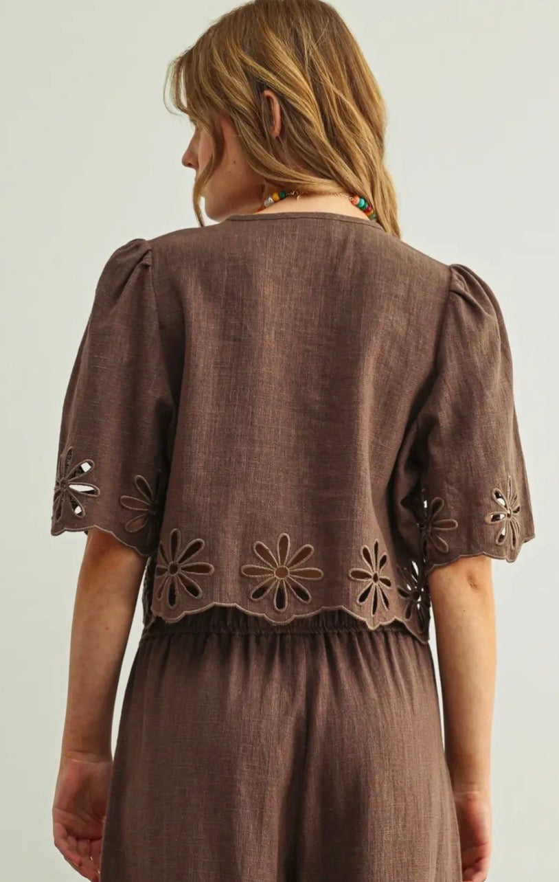 Embroidered Tie Front Top - Chocolate Brown