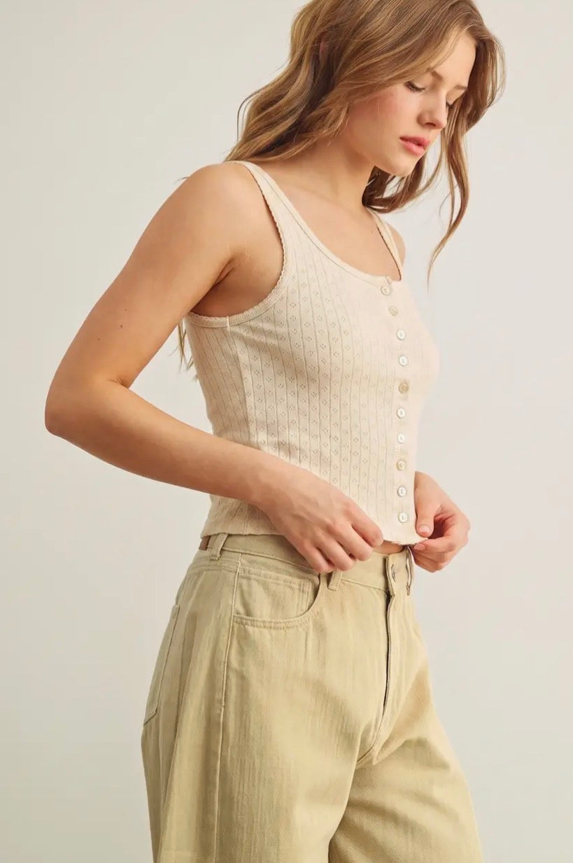 Pointelle Fabric Button Front Tank Top - Custard