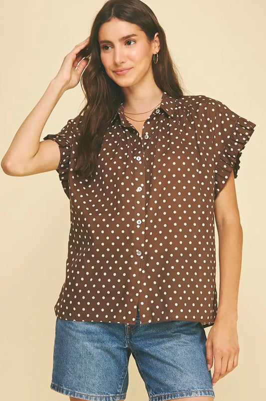 Ruffle Sleeve Shirt - Chocolate Polka Dot
