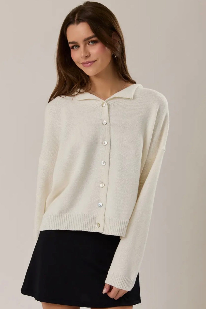 Rolled Hemline Sweater Cardigan - Whie