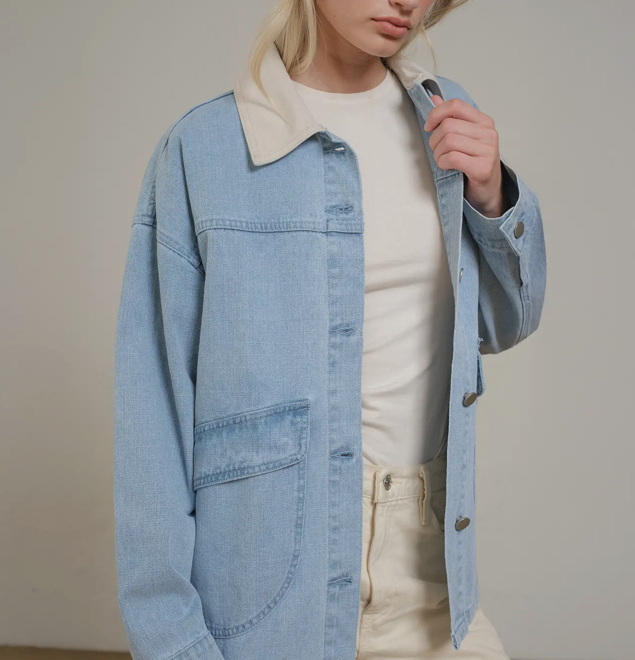 Contrast Collar Denim Jacket - Light Jacket