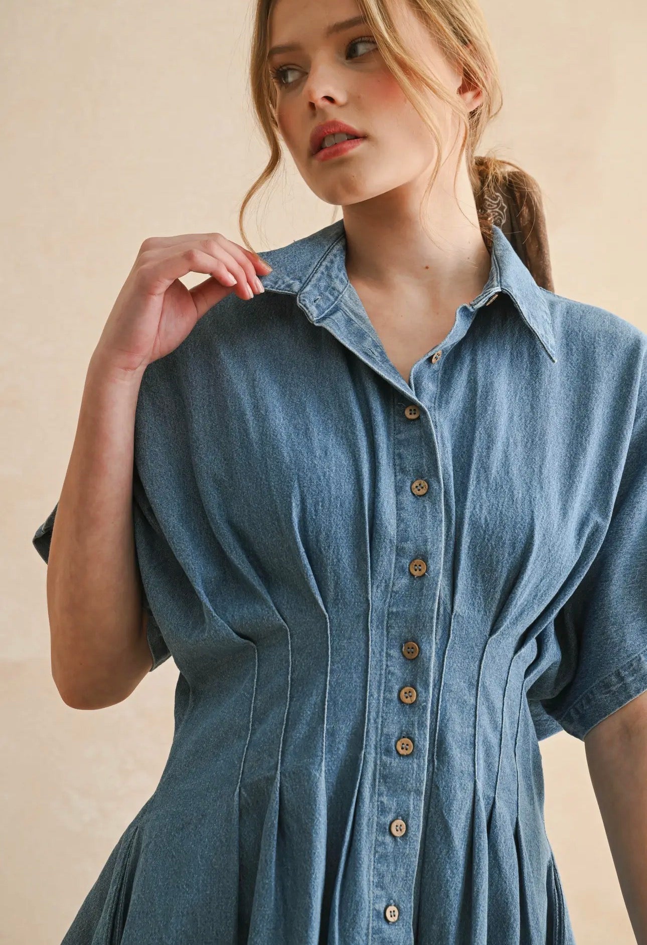 Button Front Pintuck Denim Dress
