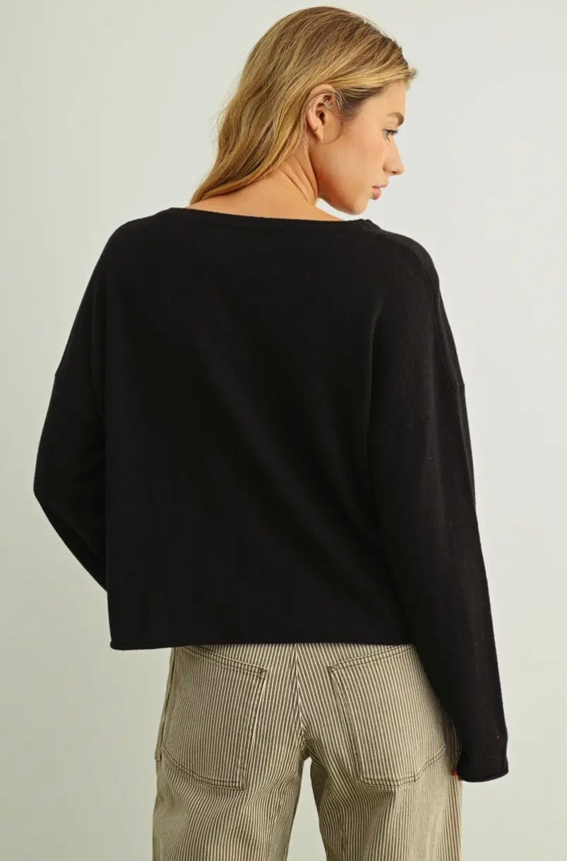 Essential Long Sleeve Roll Hem Top - Black