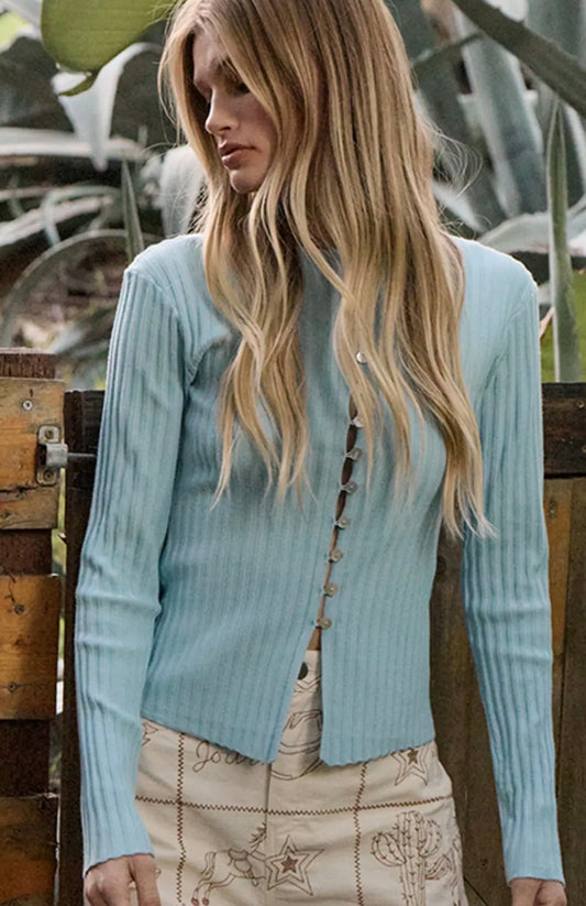 Slim Fit Knit Button Top - Light Blue