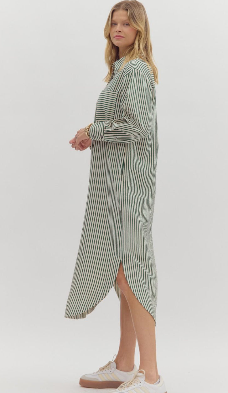 Textured Button Down Dress - Green Stripe