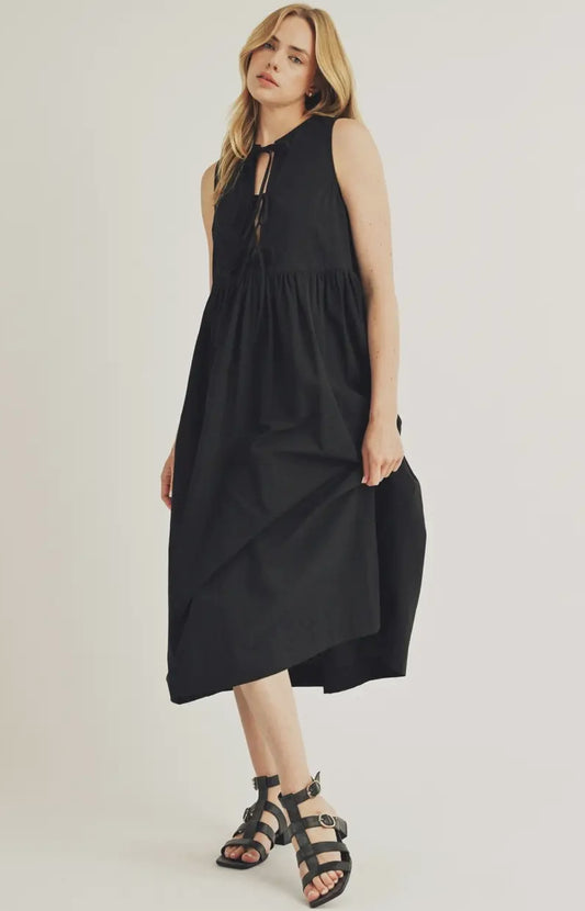 Bow Tie Swing Midi Dress - Black