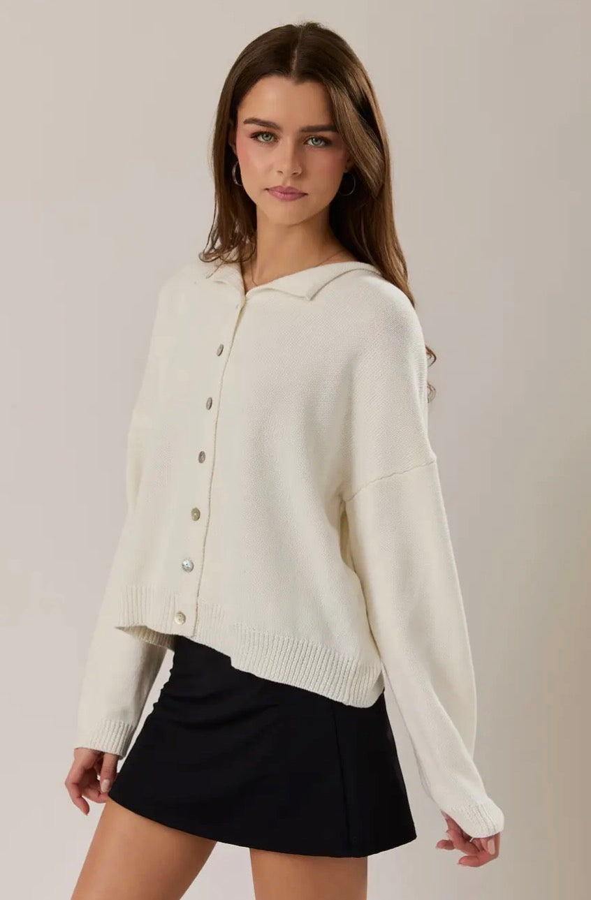 Rolled Hemline Sweater Cardigan - Whie