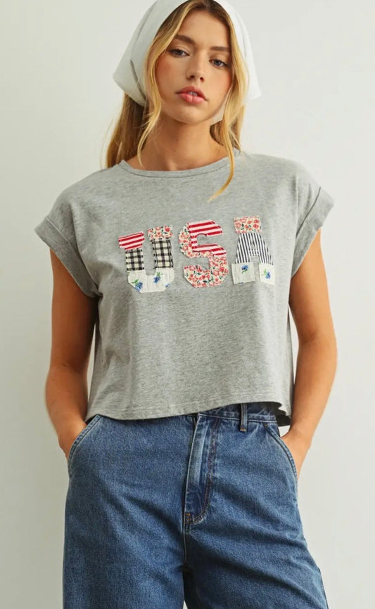 USA Floral Patchwork Tee - Ivory