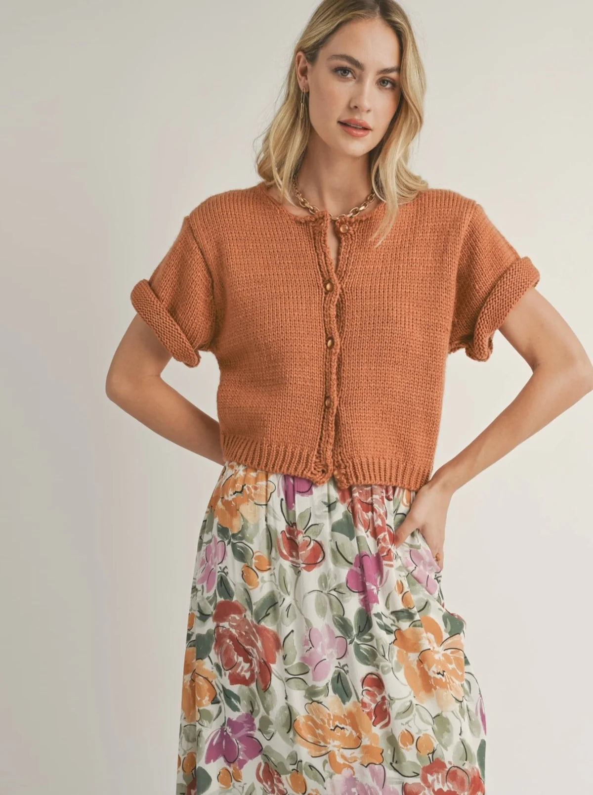 Coco Buttoned Short Sleeve Sweater - Pumpkin