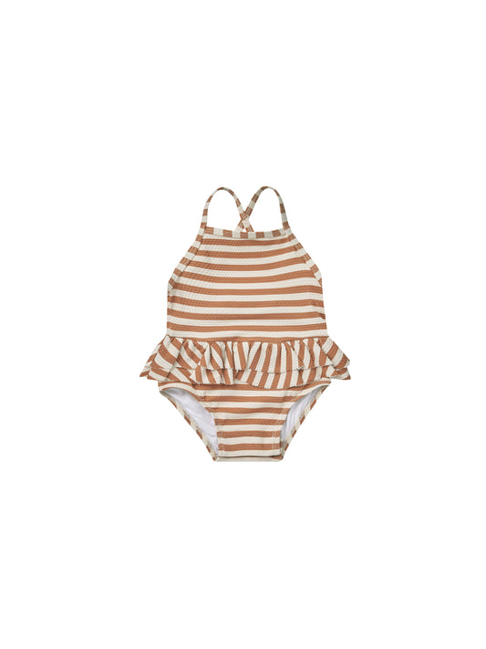 Quincy Mae - Ruffle One-Piece Swimsuit - Clay Stripe
