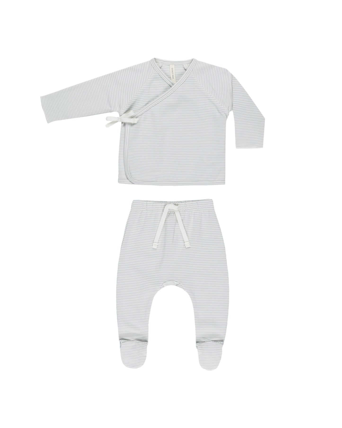 Quincy Mae - Wrap Top + Footed Pant Set - Sky Micro Stripe