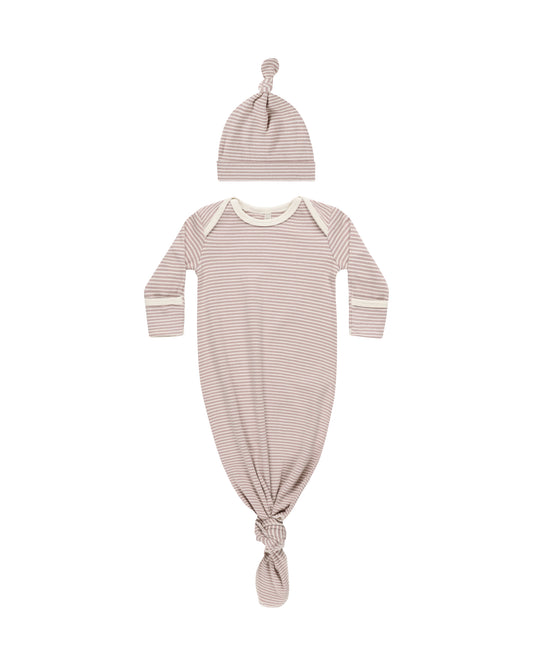 Qunicy Mae - Knotted Baby Gown + Hat Set - Mauve Stripe