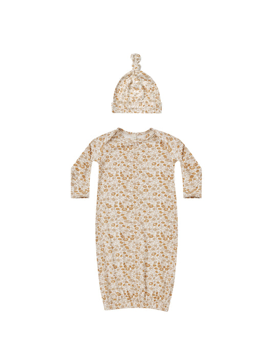 Quincy Mae - Knotted Baby Gown + Hat Set - Marigold