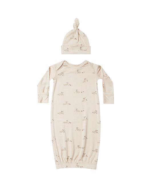 Quincy Mae - Bamboo Baby Gown + Hat - Bunnies
