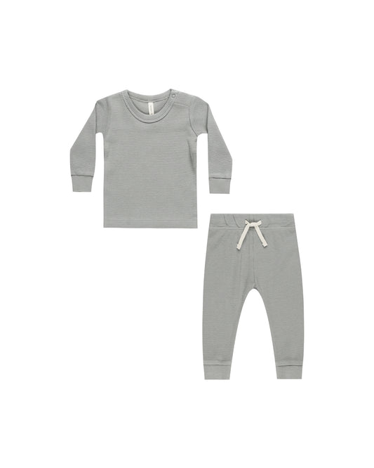 Quincy Mae - Waffle Top + Pant Set - Dusty Blue