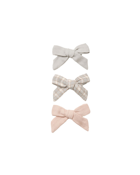 Quincy Mae - Bow W. Clip, Set of 3 - Cloud, Blue Gingham, Dusty Rose