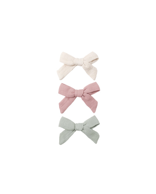 Quincy Mae - Bow W. Clip, Set Of 3 - Natural, Mauve, Sage