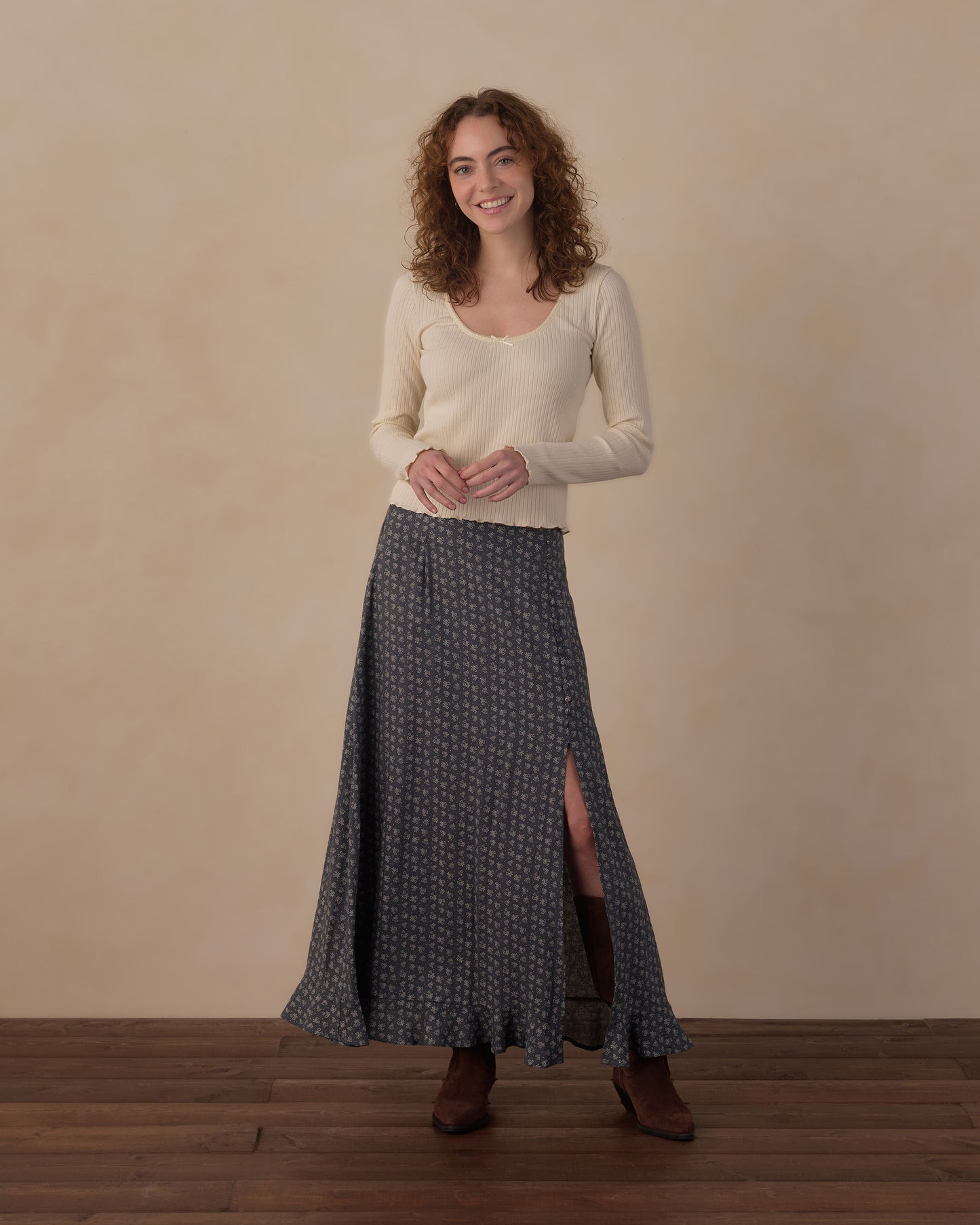 Rylee + Cru - Women's Button Slit Skirt - Heart Ditsy