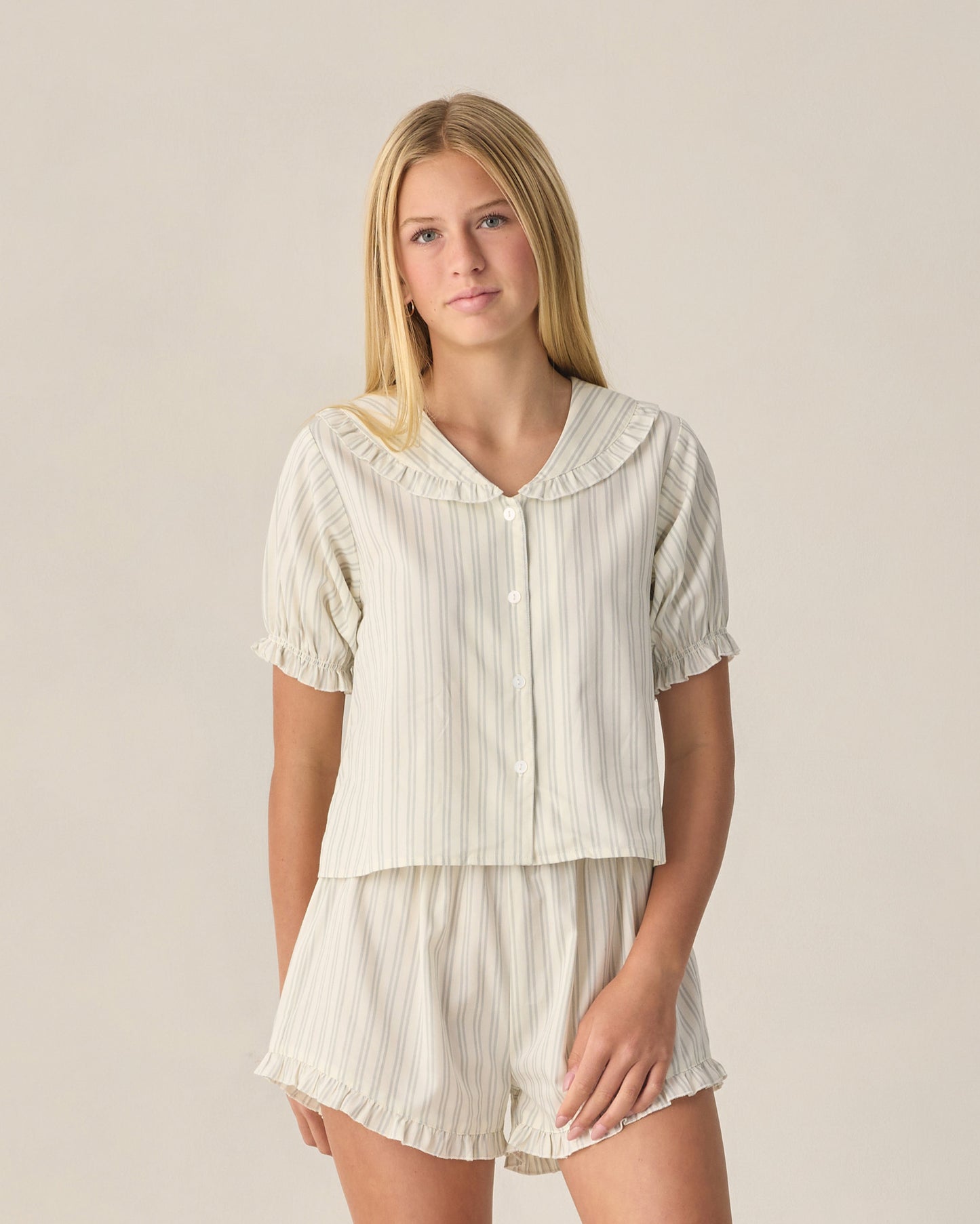 Rylee + Cru - Teen Delilah Pajama Set - Seafoam Railroad Stripe
