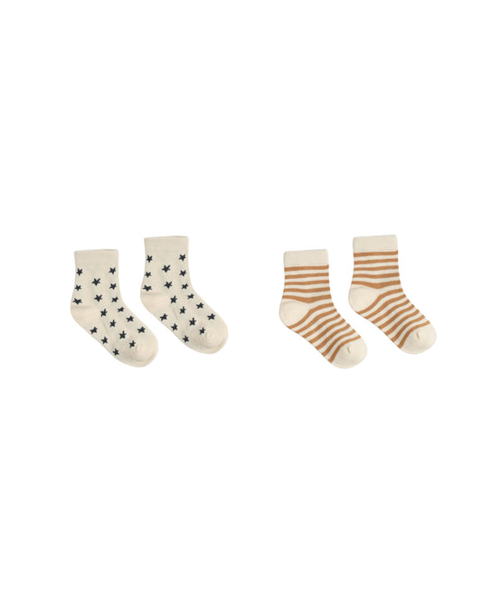 Rylee + Cru - Jacquard Socks, 2 Pack - Fawn Stripe, Midnight Stars