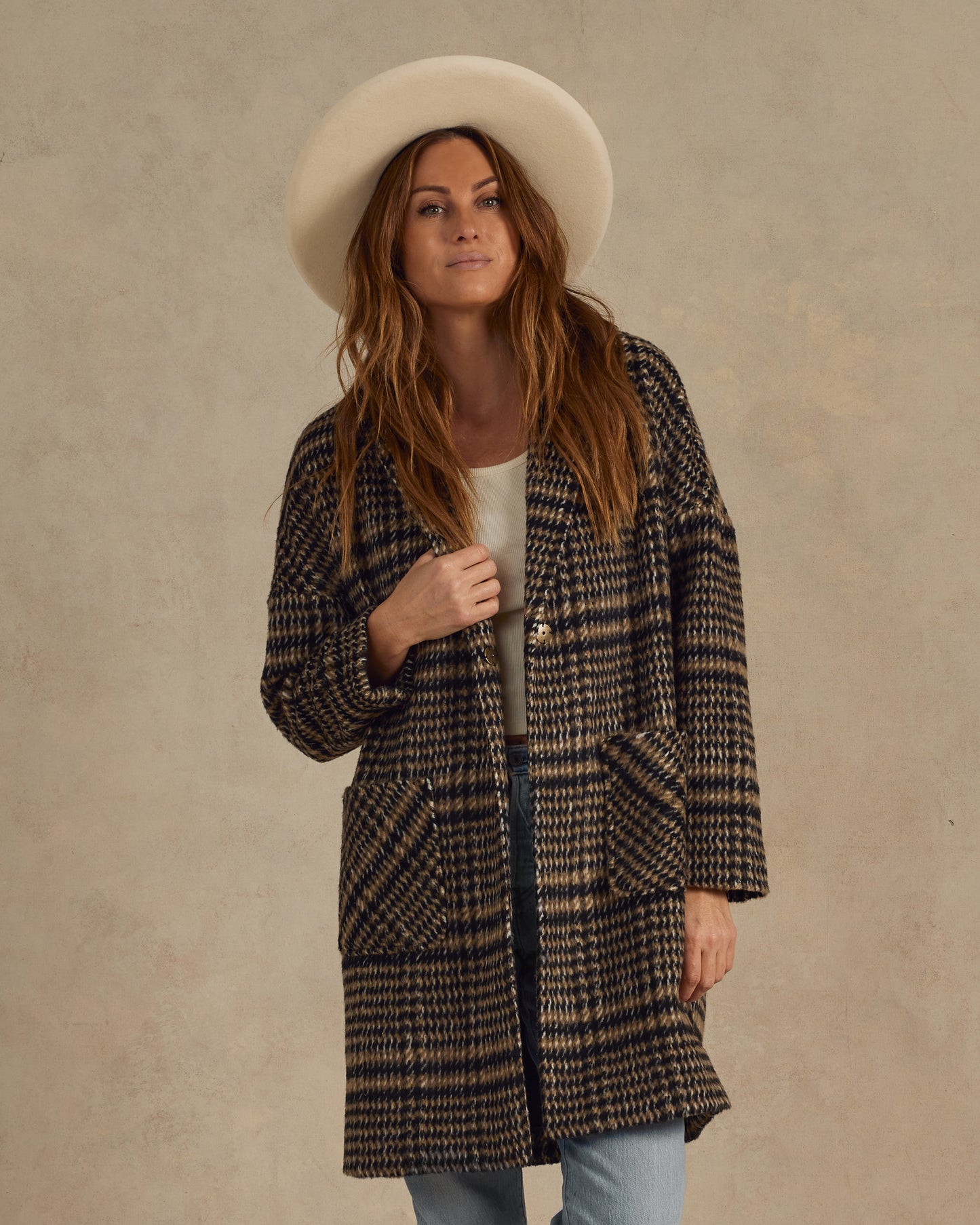 Rylee + Cru - Womens Longline Coat - Brown Houndstooth